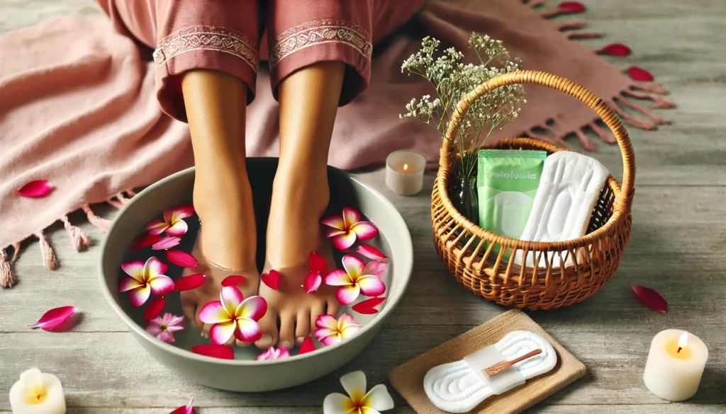 Relaxing Self-Care with Menstrual Hygiene Products – A serene self-care scene where a woman is soaking her feet in warm water with flower petals. Nearby, a neatly placed basket with menstrual hygiene products symbolizes comfort and proper hygiene during menstruation.