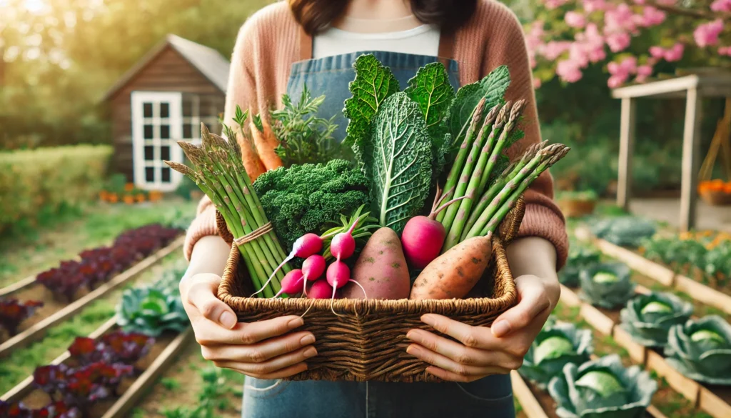 Farm-to-Table Fresh Vegetables for Hormone Health – Hands holding a basket filled with freshly harvested organic vegetables like kale, radishes, asparagus, and sweet potatoes. The natural outdoor setting symbolizes sustainability, nutrition, and hormonal balance through diet.