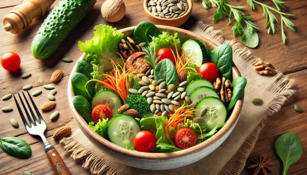 Nutritious Salad for Hormonal Support – A colorful salad bowl containing hormone-supporting vegetables such as leafy greens, cucumbers, cherry tomatoes, and shredded carrots, garnished with seeds and nuts. The fresh, organic setting emphasizes the role of diet in hormonal well-being.