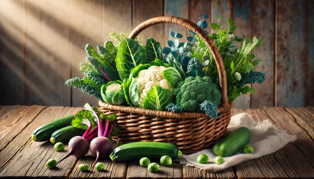 Farmers' Market Basket of Hormone-Balancing Vegetables – A beautifully arranged basket filled with fresh kale, cauliflower, Brussels sprouts, beets, and zucchini. The rustic wooden surface and warm sunlight highlight the importance of fresh produce for hormonal health.