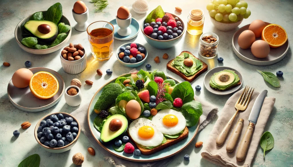 Nourishing Breakfast for Hormonal Health – A refreshing breakfast spread with nutrient-dense foods such as eggs, leafy greens, berries, nuts, and avocado toast. Soft morning sunlight enhances the wholesome setting, symbolizing a successful and nourishing start on the Hormone Type 1 Diet.