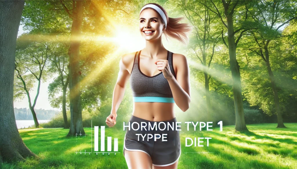 Active Lifestyle and Hormonal Balance – A woman jogging in a lush green park, appearing energetic and strong. Sunlight filtering through the trees highlights vitality, wellness, and the benefits of physical activity in supporting hormonal health.