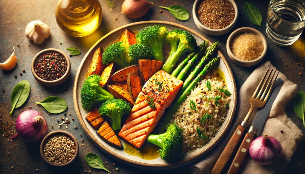 Nourishing Hormone-Friendly Dinner – A balanced dinner plate featuring grilled salmon, roasted sweet potatoes, steamed broccoli, and quinoa. Elegantly plated with fresh herbs and olive oil, the warm lighting creates a cozy, wholesome atmosphere that promotes hormonal health.