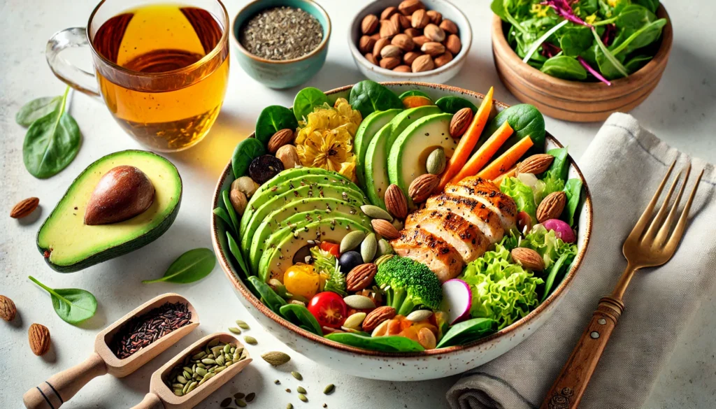 Vibrant Hormone-Balancing Salad Bowl – A colorful salad filled with fresh vegetables, grilled chicken, avocado, nuts, and seeds. Garnished with a healthy dressing and served with herbal tea, the setting highlights nourishment and hormone support.