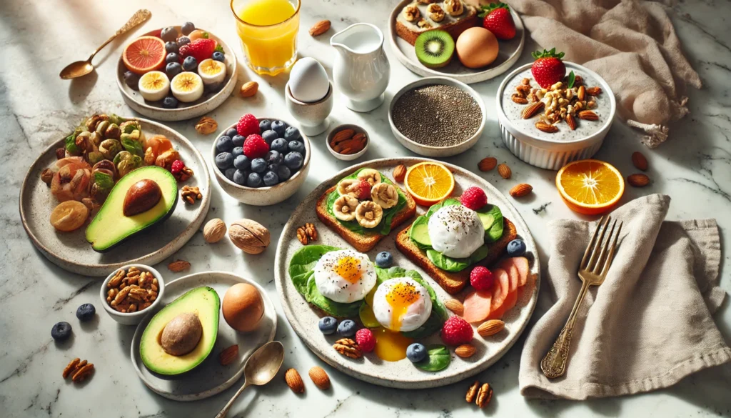 Hormone-Nourishing Breakfast Spread – A luxurious breakfast featuring poached eggs, avocado toast, fresh berries, chia pudding, and nuts. The dishes are elegantly arranged on a marble table with soft morning sunlight, emphasizing wholesome nutrition and hormonal balance.
