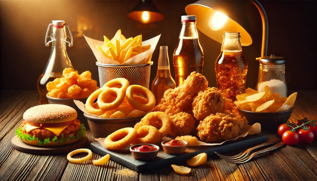 Deep-Fried and Oily Foods – A tempting assortment of fried chicken, onion rings, potato chips, and greasy fast food, glistening under warm lighting. The setting highlights the high-fat content and inflammatory effects of these foods on menstrual health.