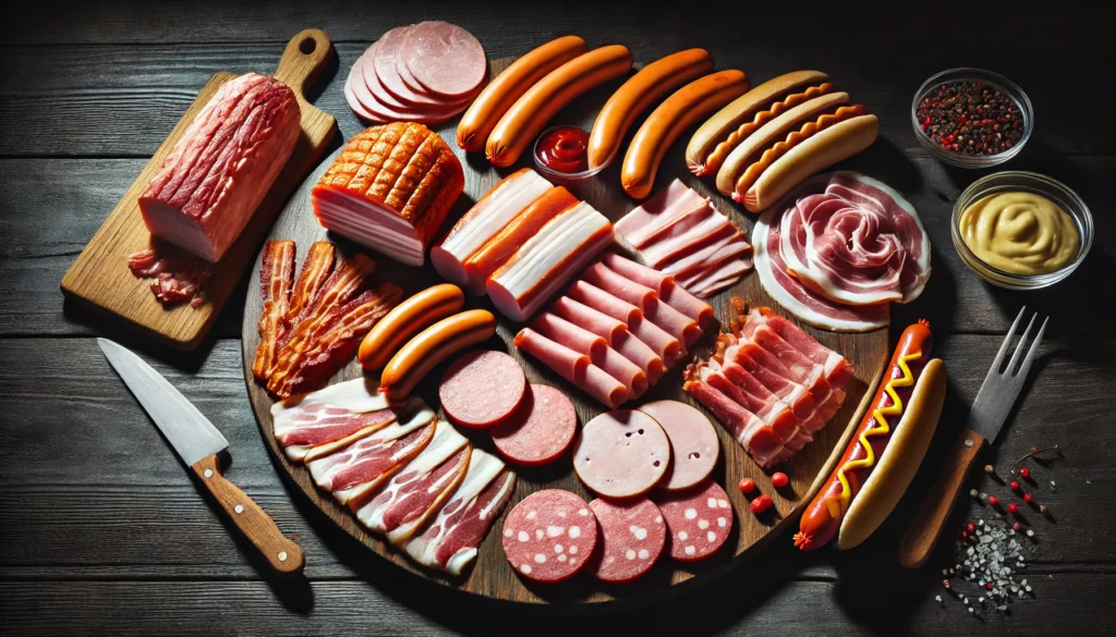 Processed Meats to Avoid – A collection of processed meat products, including bacon, sausages, hot dogs, and deli meats, arranged on a dark wooden board. The lighting emphasizes the processed nature of these foods and their potential impact on menstrual cycles.