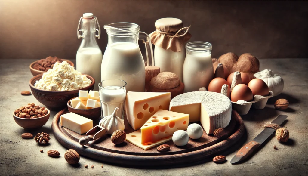 Dairy Products to Limit – An artistic display of cheese, whole milk, butter, and ice cream placed on a wooden board. The rich, creamy textures emphasize foods that may contribute to hormonal imbalances and affect menstrual health.