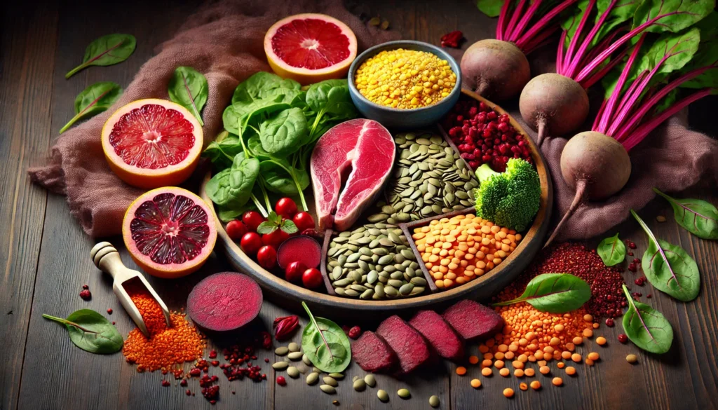 Iron-Rich Foods to Ease Menstrual Cramps – A colorful assortment of iron-rich foods, including spinach, lentils, red meat, quinoa, beets, and pumpkin seeds, displayed on a dark wooden table. The rich, earthy tones and soft lighting highlight the role of iron in reducing fatigue and supporting muscle function.