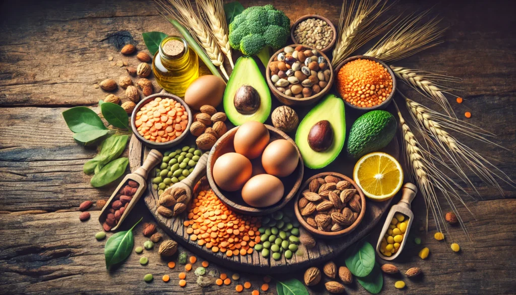 Vitamin B Foods for Hormonal Balance – A vibrant display of vitamin B-rich foods, including whole grains, lentils, eggs, avocados, and nuts, placed on a rustic wooden surface. Warm lighting enhances their fresh, nutrient-dense quality, symbolizing their role in energy production and hormone regulation.