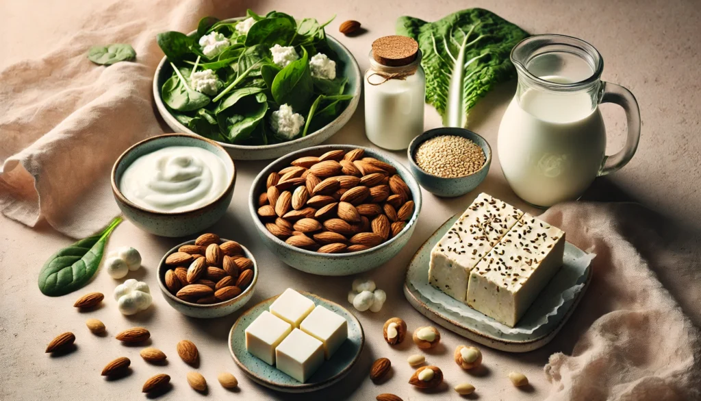 Calcium-Packed Foods for Menstrual Health – A nutrient-rich spread featuring calcium sources such as almonds, tofu, leafy greens, yogurt, and sesame seeds. The neutral-toned table and soft lighting emphasize the role of calcium in muscle relaxation and reducing menstrual discomfort.