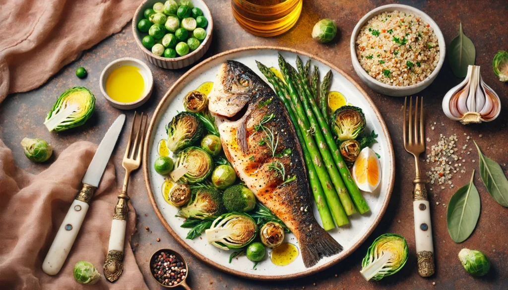 Wholesome Dinner for Hormone Support – A balanced dinner plate with grilled wild-caught fish, roasted Brussels sprouts, steamed asparagus, and quinoa. The warm-toned table setting, fresh herbs, and olive oil drizzle highlight nourishment and estrogen balance.