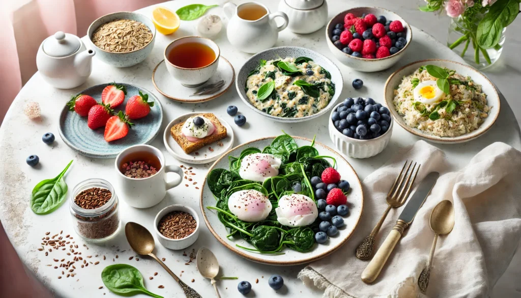 Hormone-Friendly Breakfast for Estrogen Balance – A nourishing breakfast spread featuring poached eggs, sautéed spinach, flaxseed oatmeal, fresh berries, and herbal tea. The soft morning sunlight and white marble table enhance the fresh, clean feel of the hormone-supportive meal.