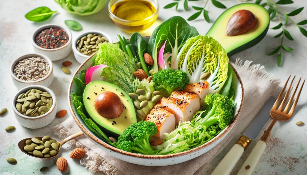 Fresh Salad for Estrogen Balance – A vibrant salad bowl filled with leafy greens, cruciferous vegetables like kale and cabbage, avocado, seeds, and grilled chicken. The light dressing and bright setting emphasize a healthy meal plan for hormone regulation.
