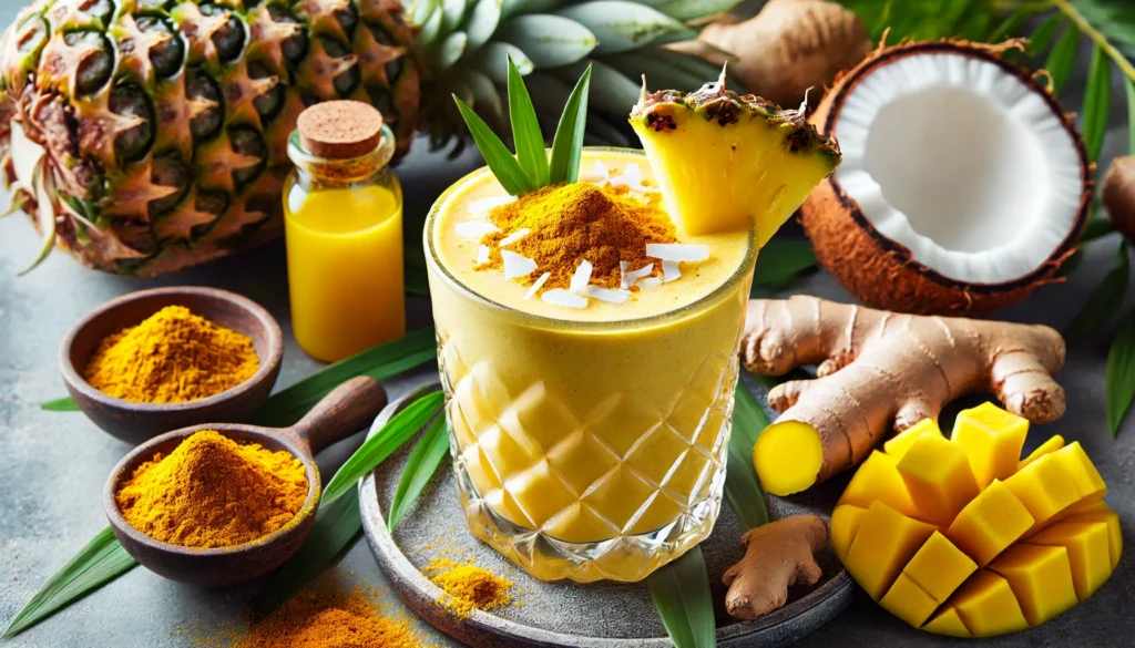 Tropical Anti-Inflammatory Smoothie for Hormone Health – A golden smoothie made with pineapple, coconut milk, turmeric, and ginger, garnished with coconut flakes and a turmeric dusting. The background features fresh tropical ingredients, symbolizing natural anti-inflammatory support and hormone regulation.