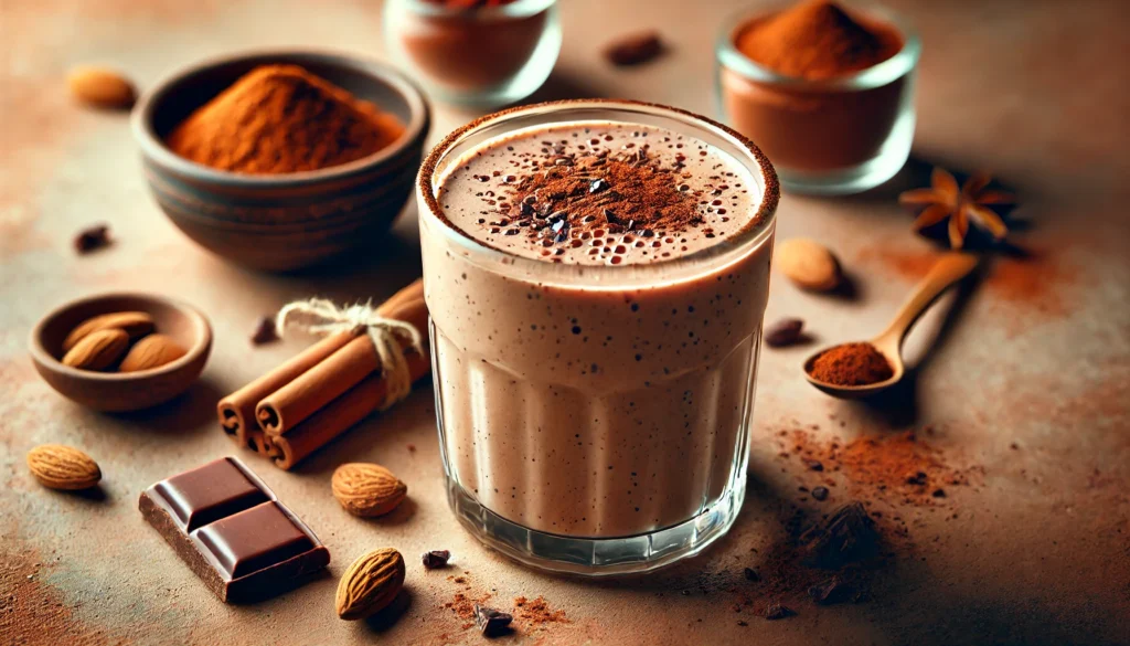 Cacao and Maca Hormone-Supporting Smoothie – A creamy smoothie in a glass cup, made with raw cacao, almond milk, maca powder, and cinnamon. Garnished with cacao nibs and cinnamon, the warm-toned setting enhances the richness of the ingredients, symbolizing natural hormone support and energy balance.