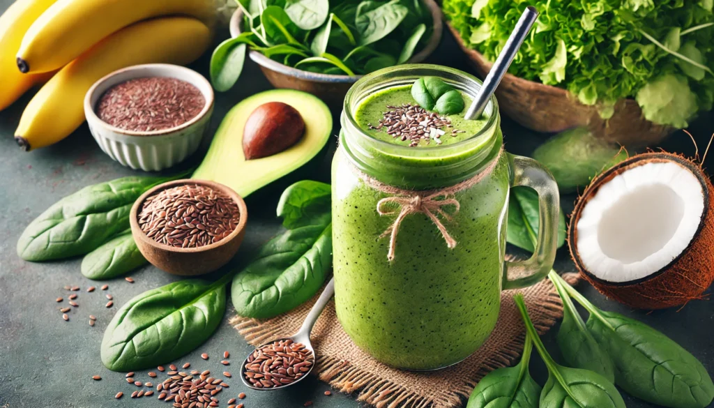 Green Detox Smoothie for Hormonal Wellness – A refreshing green smoothie made with spinach, avocado, banana, flaxseeds, and coconut water, served in a glass jar with a metal straw. The background features fresh greens and seeds, emphasizing natural hormone balance and wellness.