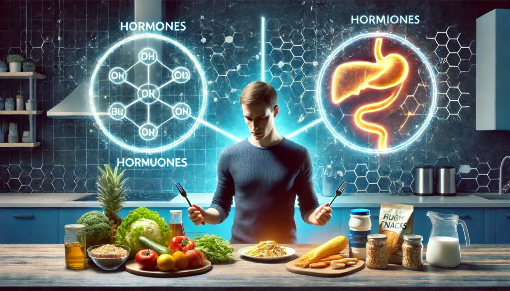 Conceptual Image of Hormones and Appetite Control – A person at a kitchen counter faces two choices: a plate of fresh, nutrient-dense foods on one side and a selection of processed, high-calorie snacks on the other. A glowing hormonal diagram in the background represents the science behind appetite fluctuations.