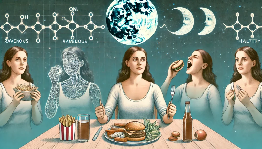 Artistic Representation of Hormonal Influence on Eating Habits – A woman at a dining table appears ravenous and reaching for junk food on one side, while on the other, she feels satisfied with a healthy meal. A subtle overlay of hormone molecules and a changing moon cycle in the background symbolize how hormones affect appetite.