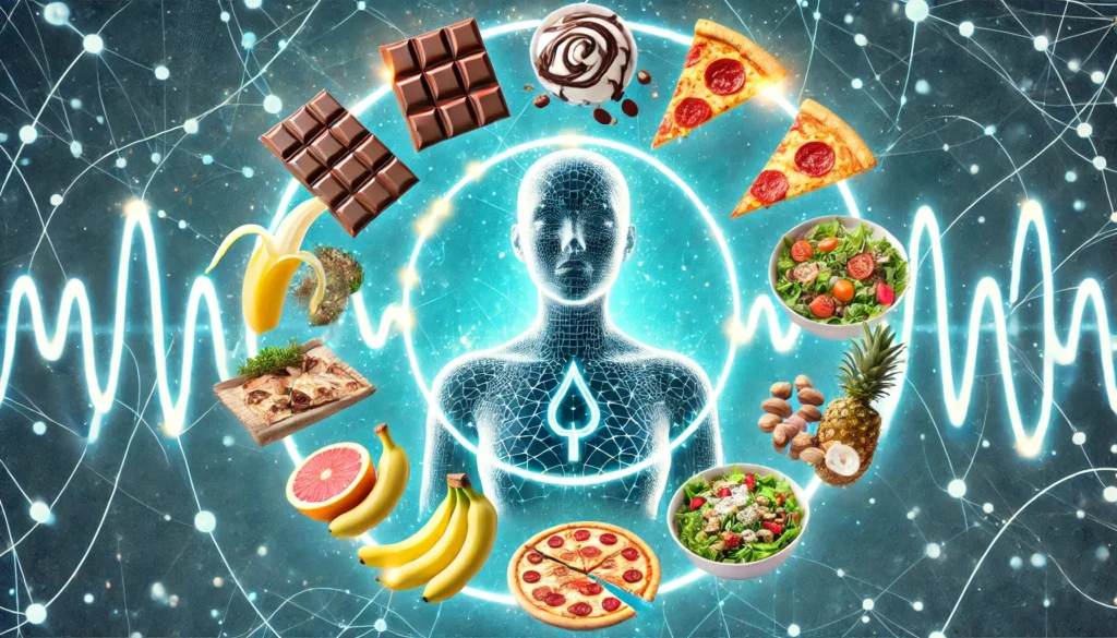 Symbolic Visualization of Hormone-Driven Food Choices – A person is surrounded by floating food items, including chocolate, pizza, fruit, salads, and grilled chicken. A glowing hormonal cycle overlay in the background symbolizes biological influences on cravings and hunger regulation.