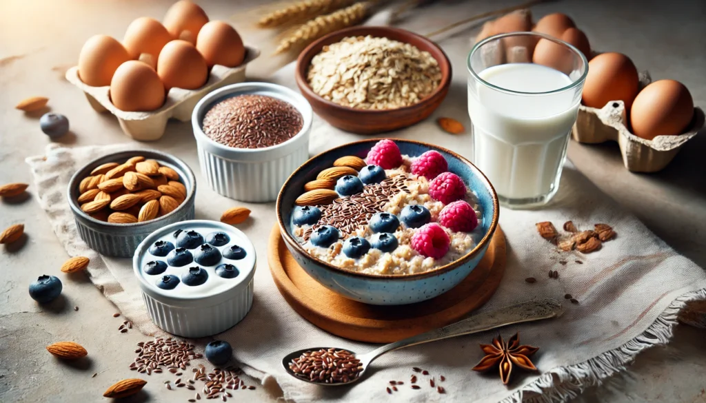 Wholesome Breakfast with Estrogen-Supporting Ingredients – A nourishing breakfast spread featuring oatmeal topped with flaxseeds and berries, a side of soy yogurt, and a glass of almond milk. The natural lighting and cozy atmosphere highlight the role of these foods in hormone regulation.