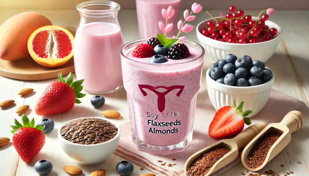 Estrogen-Boosting Smoothie – A refreshing pink smoothie blended with soy milk, flaxseeds, berries, and almonds, garnished with fresh fruit. The bright setting emphasizes the nutritional benefits of this hormone-supporting beverage.