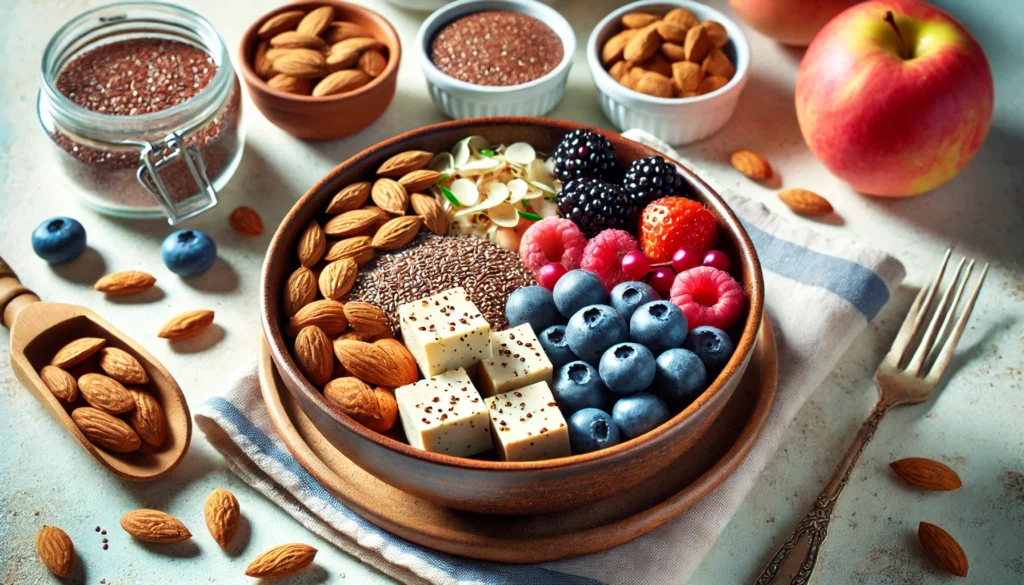 Nutritious Meal Bowl for Estrogen Support – A vibrant meal bowl containing tofu, quinoa, flaxseeds, almonds, and fresh berries, arranged in a visually appealing manner. The fresh setting symbolizes natural hormone balance through diet.