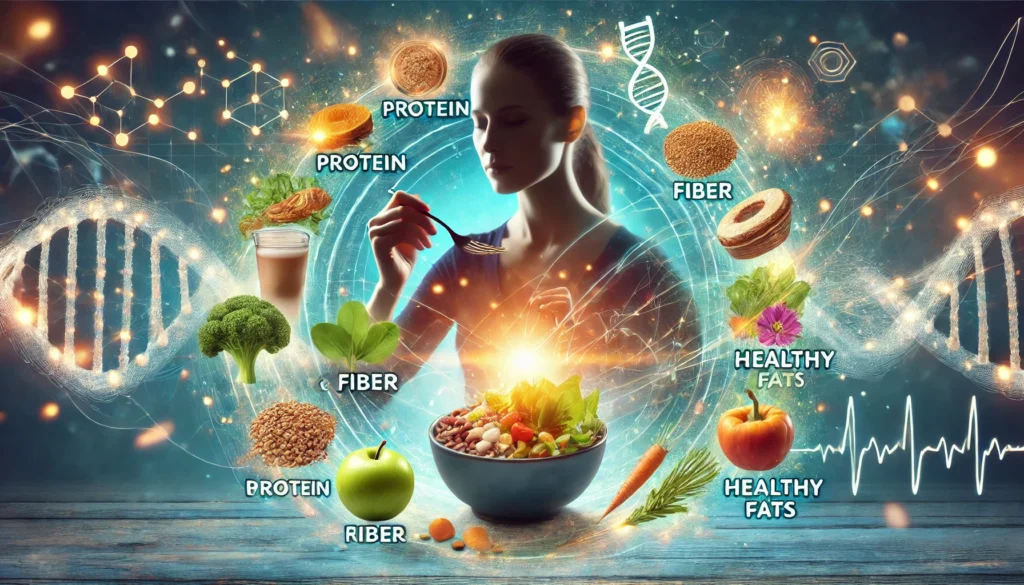 Managing Ghrelin for Satiety – A dynamic representation of controlling ghrelin through healthy eating. A person enjoys a balanced meal with protein, fiber, and healthy fats while soft glowing energy waves symbolize stable hunger regulation and satiety.