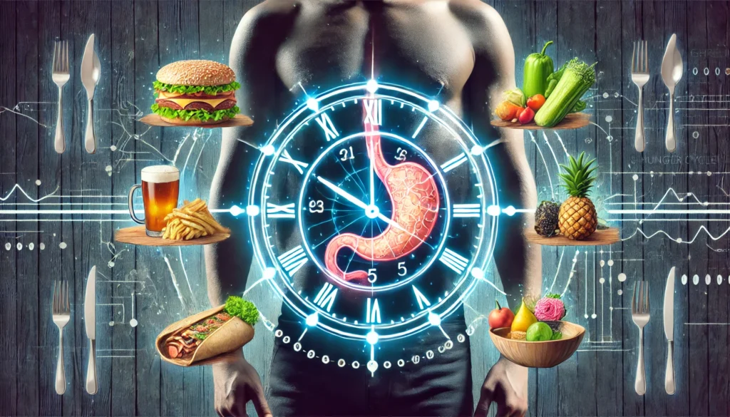 Ghrelin and Meal Timing – A conceptual illustration of ghrelin’s connection to hunger cycles. A clock overlayed on a person’s stomach symbolizes the body's internal hunger schedule, surrounded by different food types representing the impact of meal frequency on appetite control.
