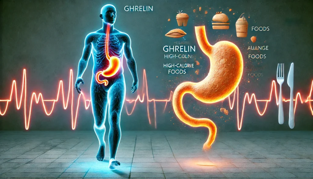 Ghrelin's Role in Appetite Regulation – A symbolic visualization of ghrelin’s influence on food choices. A person with a glowing stomach shows two sides: one craving high-calorie foods and the other choosing a balanced meal. This highlights the role of ghrelin in appetite control.