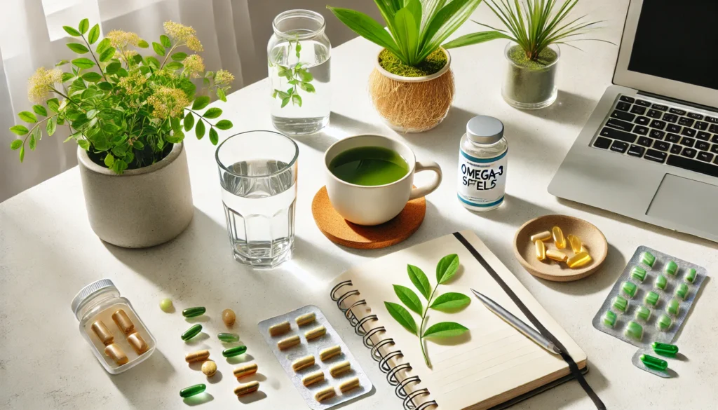"A bright and refreshing workspace setup with mood-boosting supplements, including a glass of water, herbal capsules, and omega-3 soft gels next to an open notebook, a potted plant, and a cup of matcha tea, symbolizing mental clarity, energy, and focus."