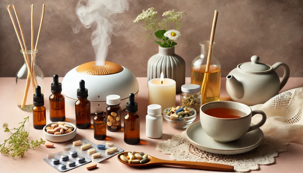 "A holistic self-care setup featuring mood-supporting supplements such as herbal tinctures, probiotic capsules, and B-complex vitamins. The arrangement includes a diffuser releasing a soft mist, a candle, and a warm cup of chamomile tea, creating a tranquil and stress-relieving ambiance."