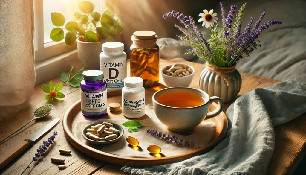 "A peaceful morning routine setup displaying mood-enhancing supplements, including vitamin D soft gels, ashwagandha capsules, and magnesium tablets. A cozy scene with a cup of herbal tea, a linen napkin, fresh lavender sprigs, and sunlight streaming through a window, symbolizing relaxation and well-being."