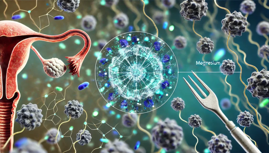 "A conceptual illustration of how magnesium affects the nervous system to reduce menstrual pain. The image features nerve cells with magnesium ions calming pain signals, with a glowing overlay of the female reproductive system representing hormonal balance and relief."
