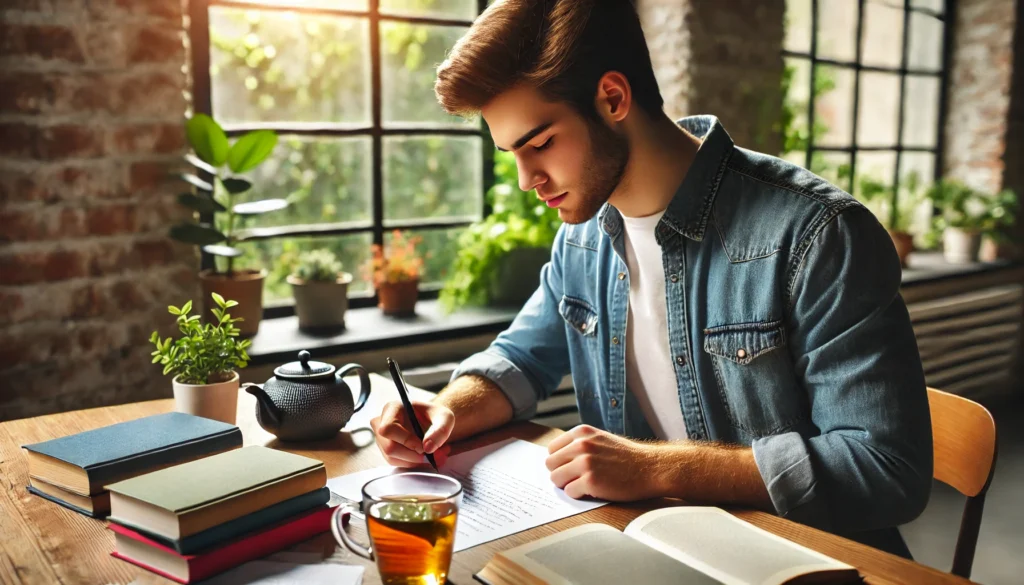 A student writing notes in a well-lit study space with an organized desk, books, and a cup of herbal tea, fostering a calm and distraction-free learning atmosphere.
