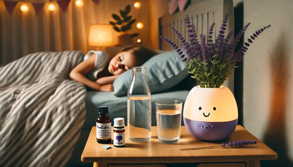 "A cozy bedtime scene promoting mood stability in children. A nightstand holds a glass of water, a bottle of pediatric-friendly supplements, and a lavender essential oil diffuser. Soft lighting and a peaceful sleeping child in the background convey relaxation and emotional balance."