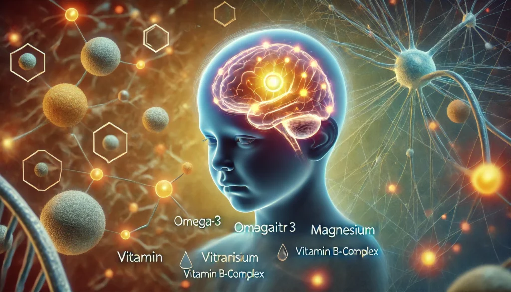 "A scientific visualization of mood stabilizers in pediatric care. A glowing representation of neurotransmitters interacting with brain receptors illustrates the effect of omega-3, magnesium, and vitamin B-complex in supporting emotional regulation, with an abstract depiction of a child’s brain in the background."