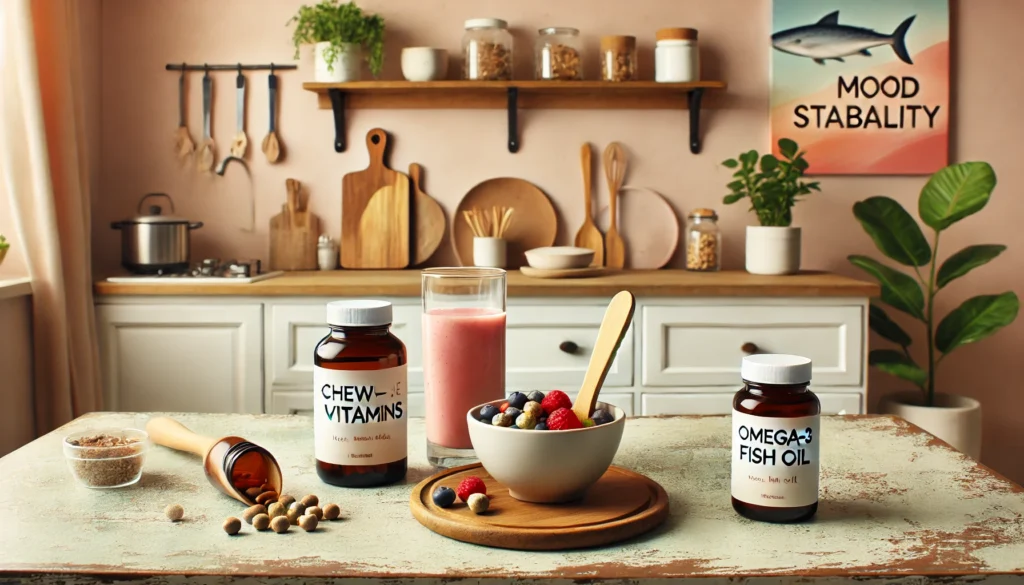 "A peaceful home setting with a child-friendly supplement routine for mood stability. A kitchen counter holds a small bowl of chewable vitamins, omega-3 fish oil, and a smoothie with fresh berries, creating a warm atmosphere symbolizing emotional balance and well-being."