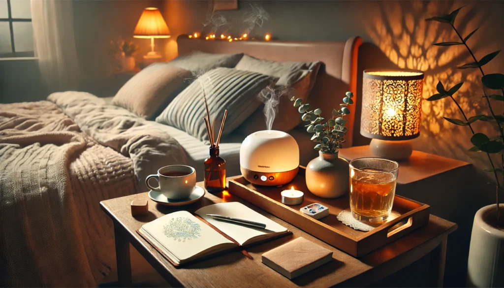 "A cozy self-care evening routine designed for mood stability in bipolar disorder. A bedside table features a warm cup of herbal tea, a diffuser emitting calming mist, and an open journal for reflection. Soft lighting and a peaceful bedroom setting evoke relaxation and emotional balance."