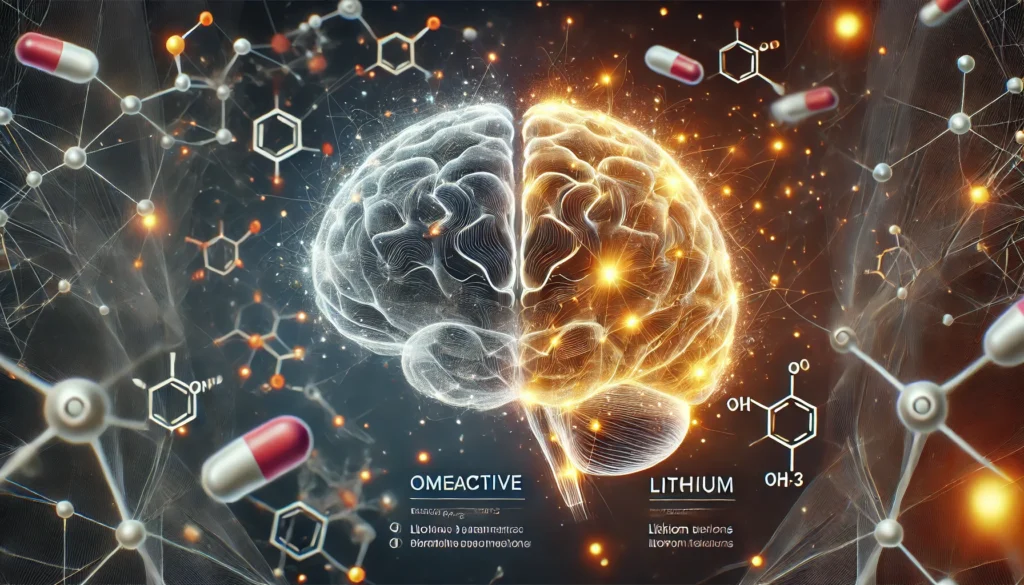 "A scientific visualization of brain activity in bipolar disorder. A glowing representation of neural pathways and neurotransmitters contrasts overactive and balanced brain regions. A subtle overlay of omega-3 molecules and lithium ions symbolizes the biochemical effects of mood stabilization."