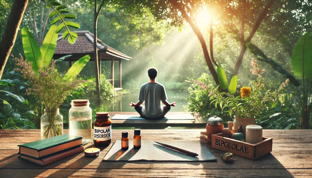"A peaceful meditation and mindfulness scene for bipolar disorder management. A serene yoga setting with a person sitting cross-legged on a mat, surrounded by nature and soft sunlight filtering through trees. Nearby, a small collection of essential oils and herbal teas promotes relaxation and emotional balance."