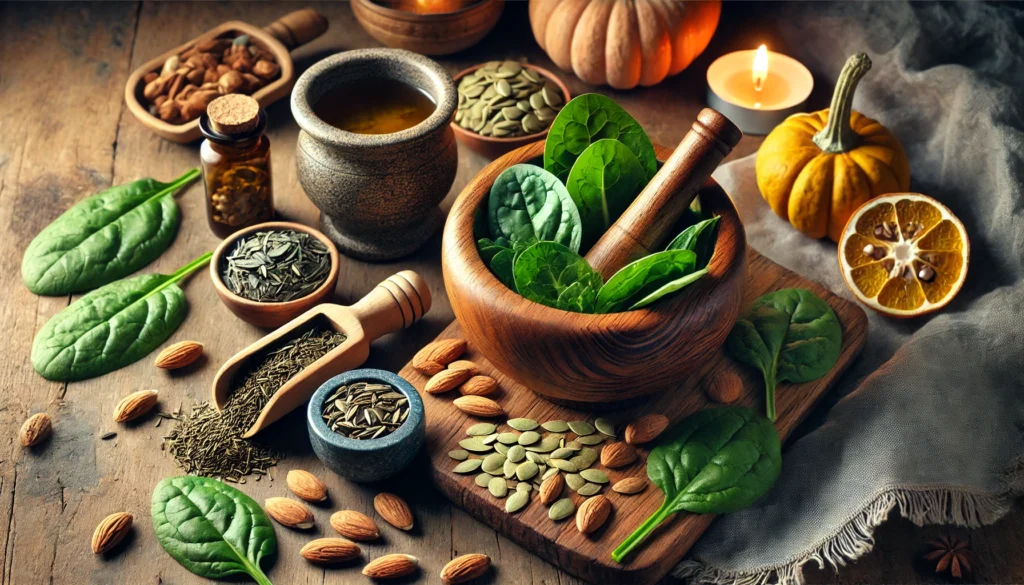 "A natural remedy setup for menstrual relief. A wooden bowl filled with dark leafy greens, almonds, and pumpkin seeds sits next to a mortar and pestle grinding dried herbs like chasteberry and evening primrose. A warm cup of tea and soft candlelight enhance the soothing and healing ambiance."