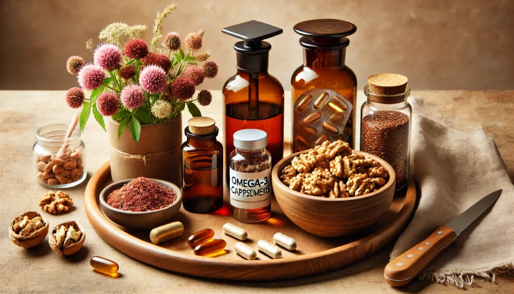 "A holistic supplement arrangement featuring natural ingredients for period relief. A wooden tray holds bottles of herbal extracts, omega-3 capsules, magnesium supplements, and dried red clover flowers, placed beside a bowl of walnuts and flaxseeds, evoking a sense of balance and well-being."
