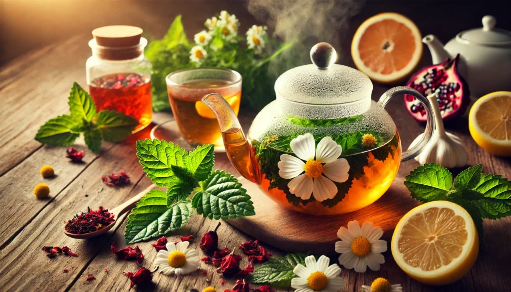 "A soothing tea blend with natural ingredients for menstrual health. A glass teapot with steaming herbal tea sits on a wooden table, surrounded by chamomile flowers, hibiscus petals, fresh mint leaves, and lemon slices. The gentle steam and warm lighting create a calming atmosphere."