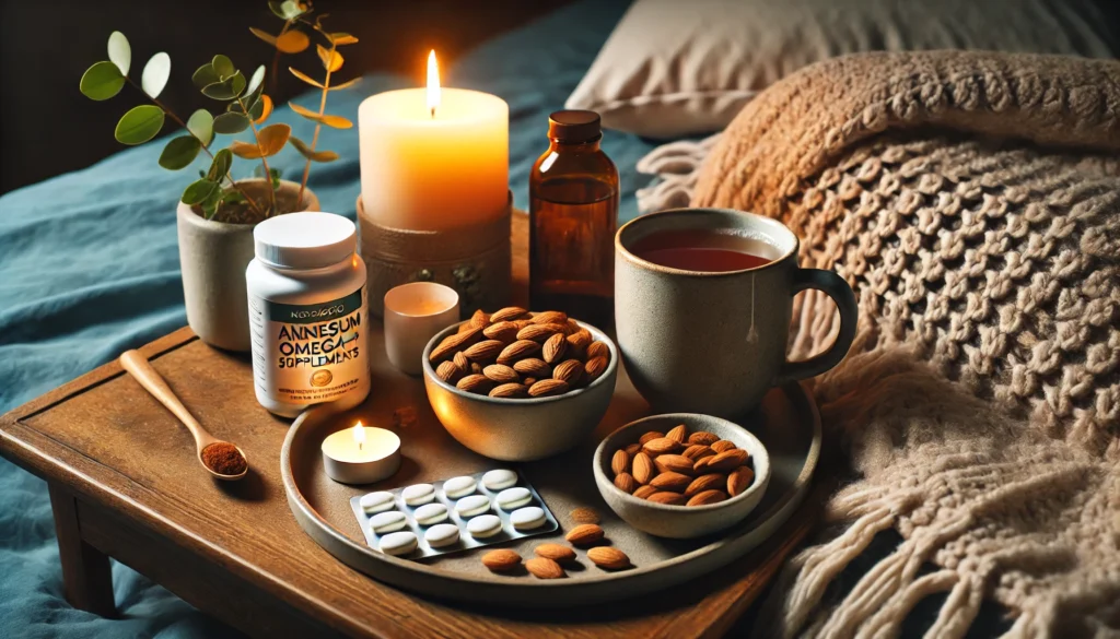 "A holistic evening self-care setup with anxiety-reducing nutrients. A bedside table holds a warm cup of herbal tea, magnesium and omega-3 supplements, and a bowl of almonds. A soft candle glow and a cozy blanket create a tranquil and relaxing atmosphere for stress relief and better sleep."