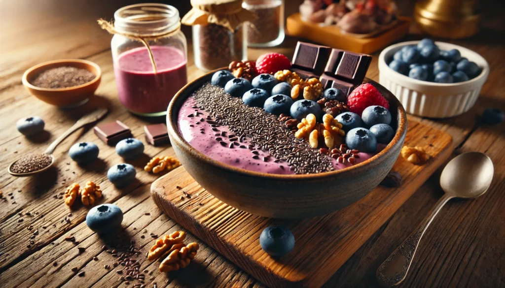 "A nutrient-rich smoothie bowl designed to combat anxiety. A bowl filled with blended berries, yogurt, flaxseeds, and dark chocolate is garnished with fresh blueberries, walnuts, and chia seeds. The setup is placed on a rustic wooden table with warm lighting, representing nourishment and emotional balance."