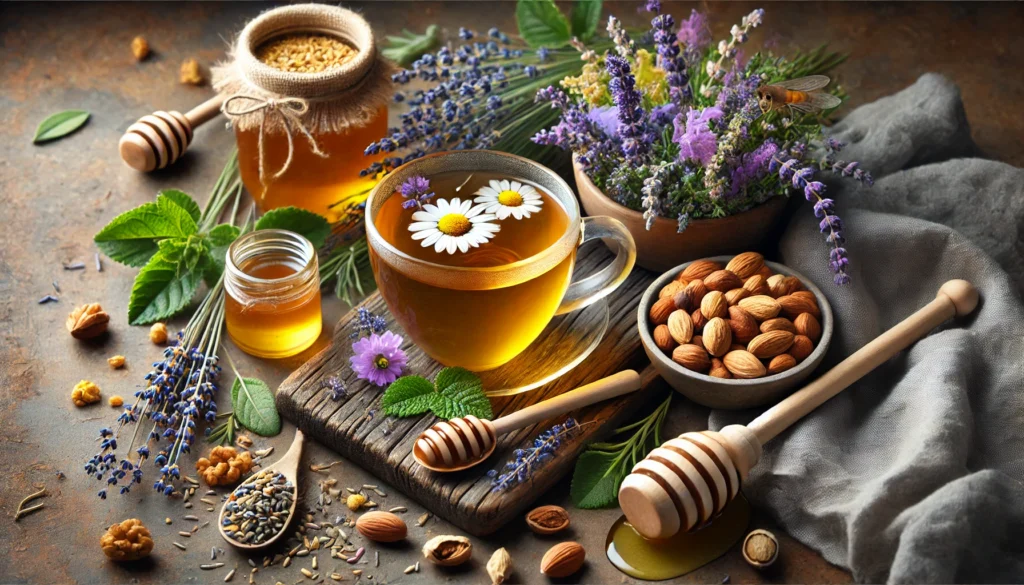 "A calming tea blend featuring anxiety-reducing nutrients. A warm cup of herbal tea infused with chamomile, lemon balm, and passionflower sits on a wooden surface, accompanied by honey, lavender sprigs, and a bowl of mixed nuts rich in magnesium, promoting relaxation and stress relief."