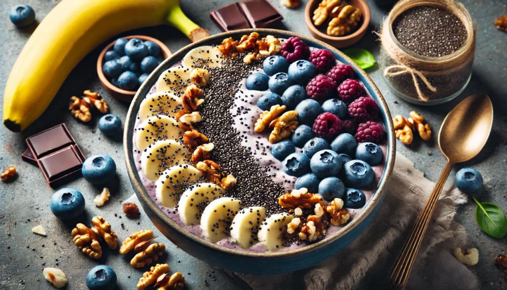 "A nutrient-rich smoothie bowl with ingredients known for mood enhancement. The bowl is filled with a blend of blueberries, bananas, chia seeds, and yogurt, topped with walnuts and dark chocolate shavings. The vibrant colors and fresh ingredients create an inviting and health-focused atmosphere."