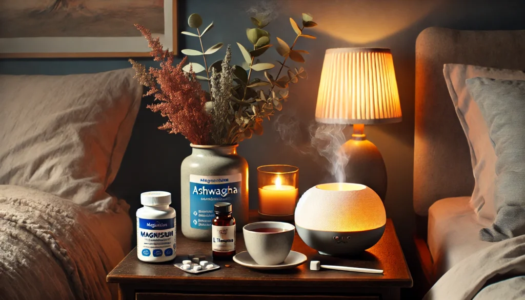 "A relaxing evening self-care setup for mood balance. A bedside table holds a cup of herbal tea, a diffuser emitting a soft mist, and a bottle of mood-enhancing supplements like magnesium, ashwagandha, and L-theanine. Soft candlelight and a cozy atmosphere create a sense of relaxation and emotional well-being."