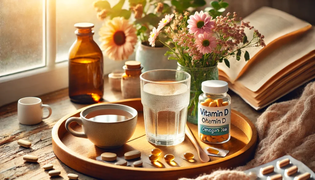 "A peaceful morning routine with mood-enhancing supplements. A cozy wooden tray holds a glass of water, vitamin D soft gels, omega-3 capsules, and a cup of chamomile tea. The setup is complemented by fresh flowers and warm sunlight streaming through a window, creating a serene and uplifting ambiance."
